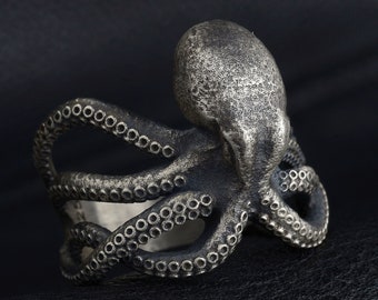 Silver Octopus Men Ring, Unique Men Ring, Pinky Ring Handmade Engraved Ring,Punk Ring, Man Jewelry,Gift Ring, Sea Animal Jewelry