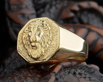 21k Lion Gold Men Rings, Unique 14k Gold Lion Signet Ring for Men