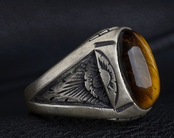 Tiger&#39;s Eye Sterling Silver Rings for Men ,Tiger eye Gemstone Mens Ring, 925 Silver Handmade Ring For Man , Oxidized Jewelry Gift for Him