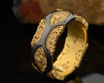 10k goud gegraveerde bruiloft heren bandring, handgemaakte unieke trouwring, trouwringen voor man, verlovingsringen, modieuze mannen band
