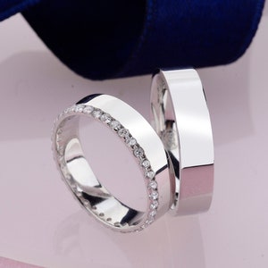 White Gold Wedding Bands Set, Couple rings, Traditional Wedding Band Set, Wedding Band His and Hers, Wedding Rings Woman