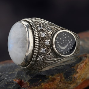 Mondstein Ringe für Männer, handbemalte Mann Ring, Sterling Silber einzigartige Ring Mann, Männer Ring, antike Herrenring, Mann handgemachte Ring, Vintage-Stil