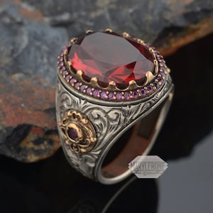 Sterling Silver Mens Ring, Fathers Day Gift, Red Zircon Ring, 925 Silver Handmade Men&#39;s Ring, Vintage Style Ring, Gift Ring for Him