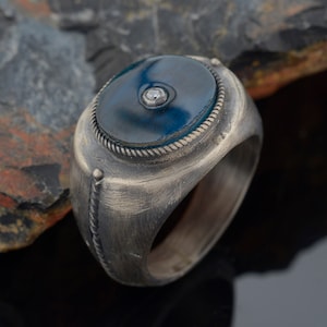 Anillo de ónix para hombre, anillo de ónix azul, anillos de plata de ley para hombre, anillo vintage para hombre, anillo oxidado para hombre, regalo de aniversario