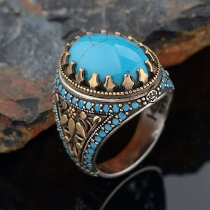 Handmade Turquoise Gemstone Mens Ring: Sterling Silver Turkish Design