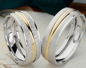 Conjunto de alianzas de boda de oro de 14k, conjunto de alianzas de bodas tradicionales, alianza de bodas, para él y para ella, alianzas de boda para mujer, anillos de compromiso