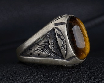 Men's Oxidized Sterling Silver Tiger Eye Ring, Handmade Vintage Band Him