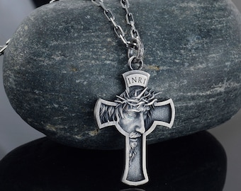 Silver Oxidized Cross Necklace Black Zircon, Oxidized Cross Pendant for Mens, Religious Mens Pendant, Silver Christian Jewelry, Husband Gfit
