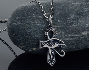 Sterling Silver Ankh Necklace, Horus Eye and Key of Life Silver Necklace, Egyptian Jewelry,Eye Of Ra Necklace,Egypt Hieroglyphic Symbol