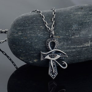 Sterling Silver Ankh Necklace, Horus Eye and Key of Life Silver Necklace, Egyptian Jewelry,Eye Of Ra Necklace,Egypt Hieroglyphic Symbol