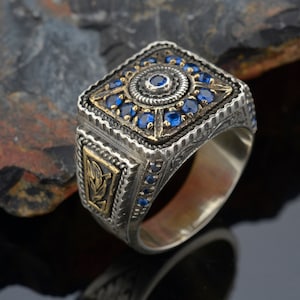 Blue Zircon Gem Unique Man Ring, Sterling Silver Antique  Mens Ring, His Personal Ring, Men&#39;s Ring, Gift For Him Father&#39;s Ring