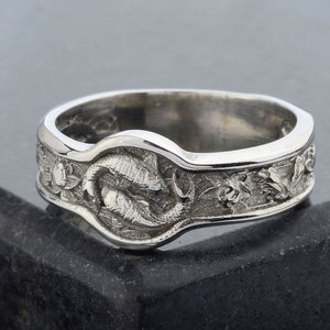 Koi Fish  Ring ,Lotus Mens Band Ring, Japanese Kanji Ornamental Wedding Men&#39;s Band, Sterling Silver Nature Ring, Pisces Jewelry