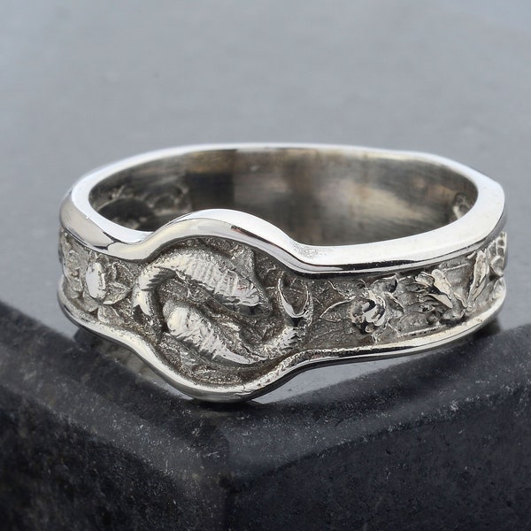 Koi Fish  Ring ,Lotus Mens Band Ring, Japanese Kanji Ornamental Wedding Men's Band, Sterling Silver Nature Ring, Pisces Jewelry