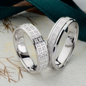 White Gold Wedding Bands Set, Couple rings, Traditional Wedding Band Set, 5 mm Wedding Band His and Hers, Wedding Rings Woman