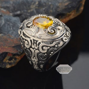Silver Rings Mens Ring, Citrine Gemstone Man Ring, Sterling Silver Men Ring, Antique Style Mens Ring, Man Handmade Ring, Vintage Style