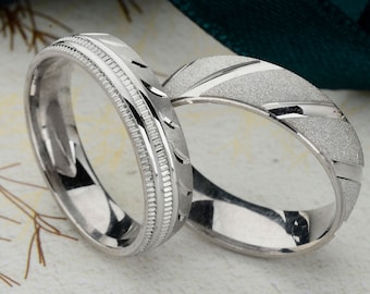 Fede nuziale in argento, set di fedi nuziali in argento, coppia di anelli, set di fedi nuziali moderne, fede nuziale per lui e per lei, fedi nuziali donna