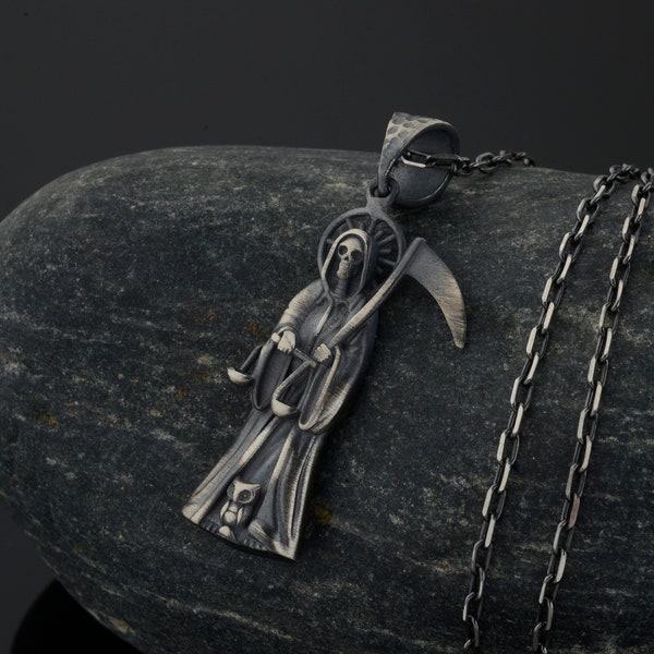 Grim Reaper Necklace, Oxidized Angel of Death Pendant, Gothic Pendant,Men Jewelry,Unisex Gothic Accessory, Silver Mens Necklace