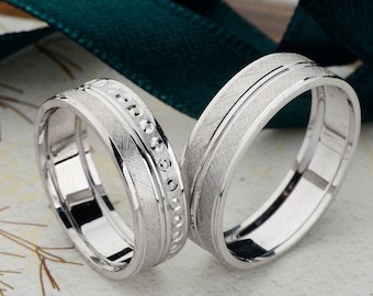 Sterling Silver Wedding Band Set: Modern Couple Rings