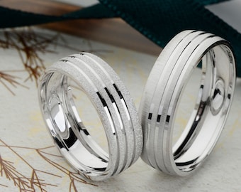 Handcrafted Sterling Silver Wedding Band Set: Modern Couple Rings