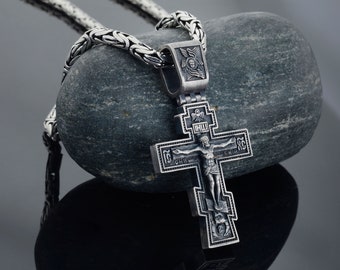 Christlich-Orthodoxe Kreuz-Halskette, Jesus-Kreuz-Anhänger, Anhänger für Herren, silberner christlicher Schmuck, religiöser Anhänger, Valentinstag-Geschenk für ihn