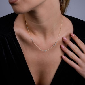 14k Gold Aquamarine Necklace: Layering Cable Chain Jewelry