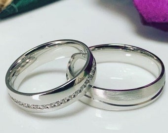 Conjunto alianzas de boda de oro blanco, anillos de pareja, conjunto de alianzas tradicionales, alianza de 5 mm para él y para ella, anillos de boda mujer
