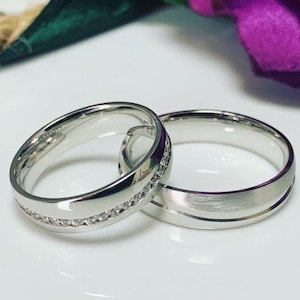 White Gold Wedding Bands Set, Couple rings Set, Traditional Wedding Band Set, 6 mm Wedding Band His and Hers, Wedding Rings Woman