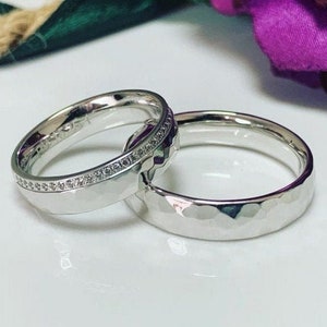 White Gold Wedding Bands Set, Couple rings, Traditional Wedding Band Set, 5 mm Wedding Band His and Hers, Wedding Rings Woman