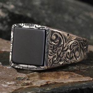 Black Onyx Ring, Sterling Silver Black Square Onyx Ring, Mens Ring, Gemstone Ring, Man Silver Engraved Ring,Men Silver Gift,Silver Mens Ring