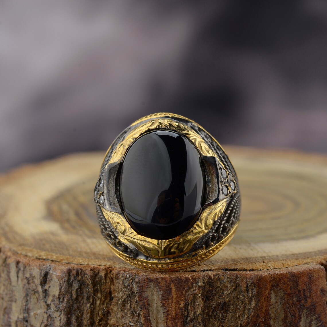 Large Black Onyx Ring Mens Sterling Silver Ring Antique Ring Etsy