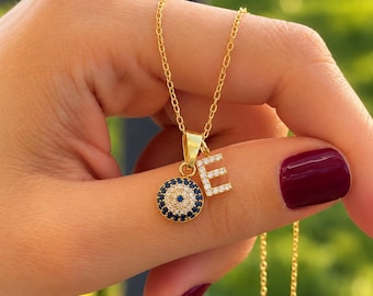 Personalized Initial Necklace with Evil Eye Charm, Christmas Gift for Her