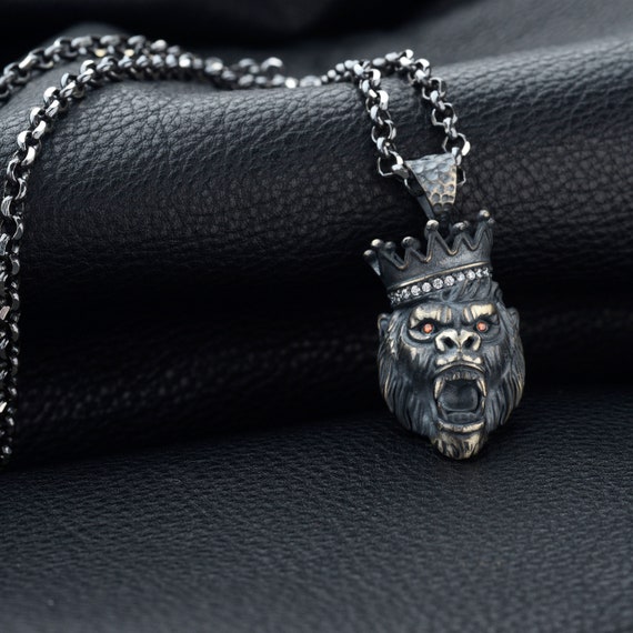 Silver Gorilla King Necklace Animal Necklace Silver Men Necklace Wild Gorilla Pendant necklace With Chain mens Necklace men Gifts Etsy