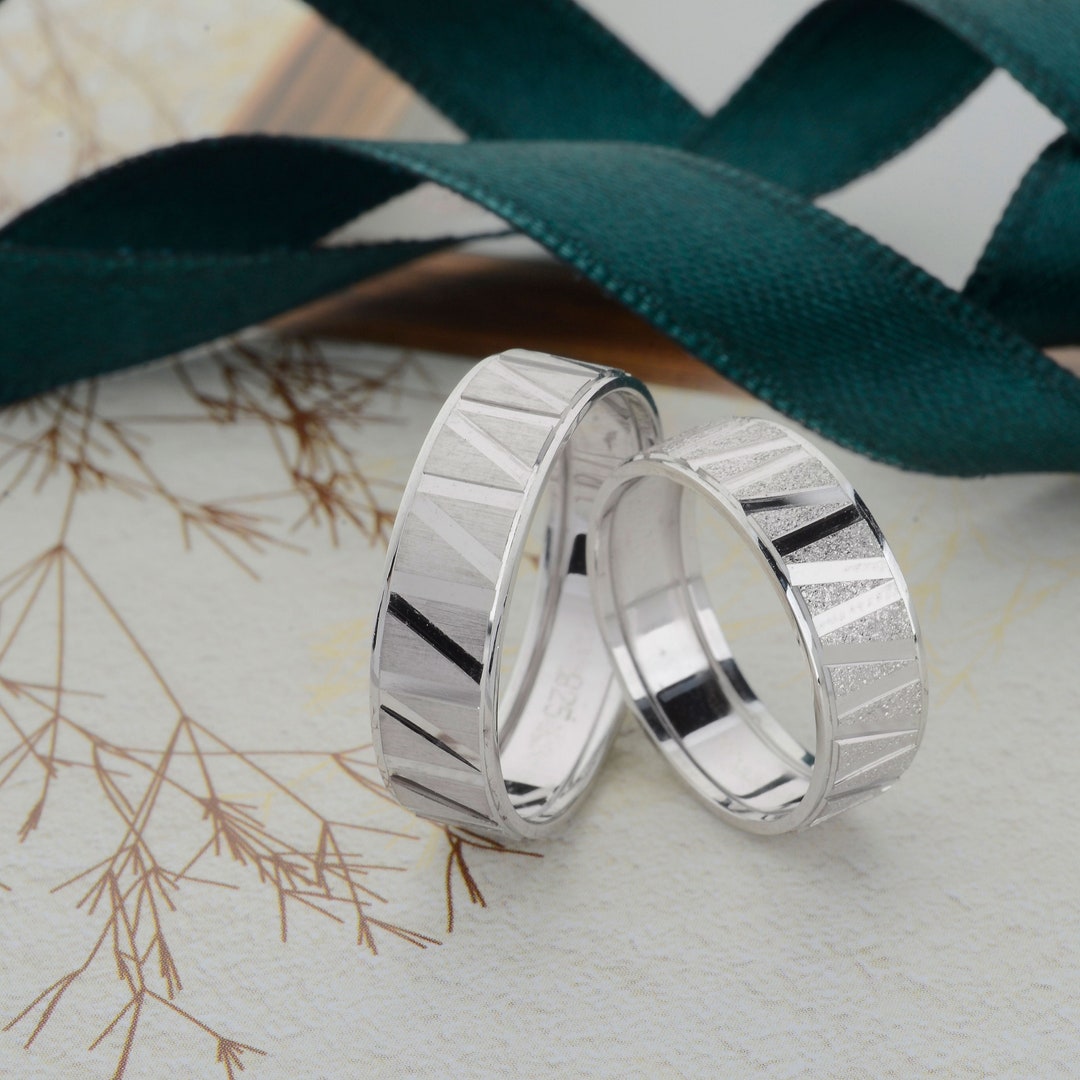 Set di fedi nuziali in oro bianco, anelli di coppia, fedi nuziali