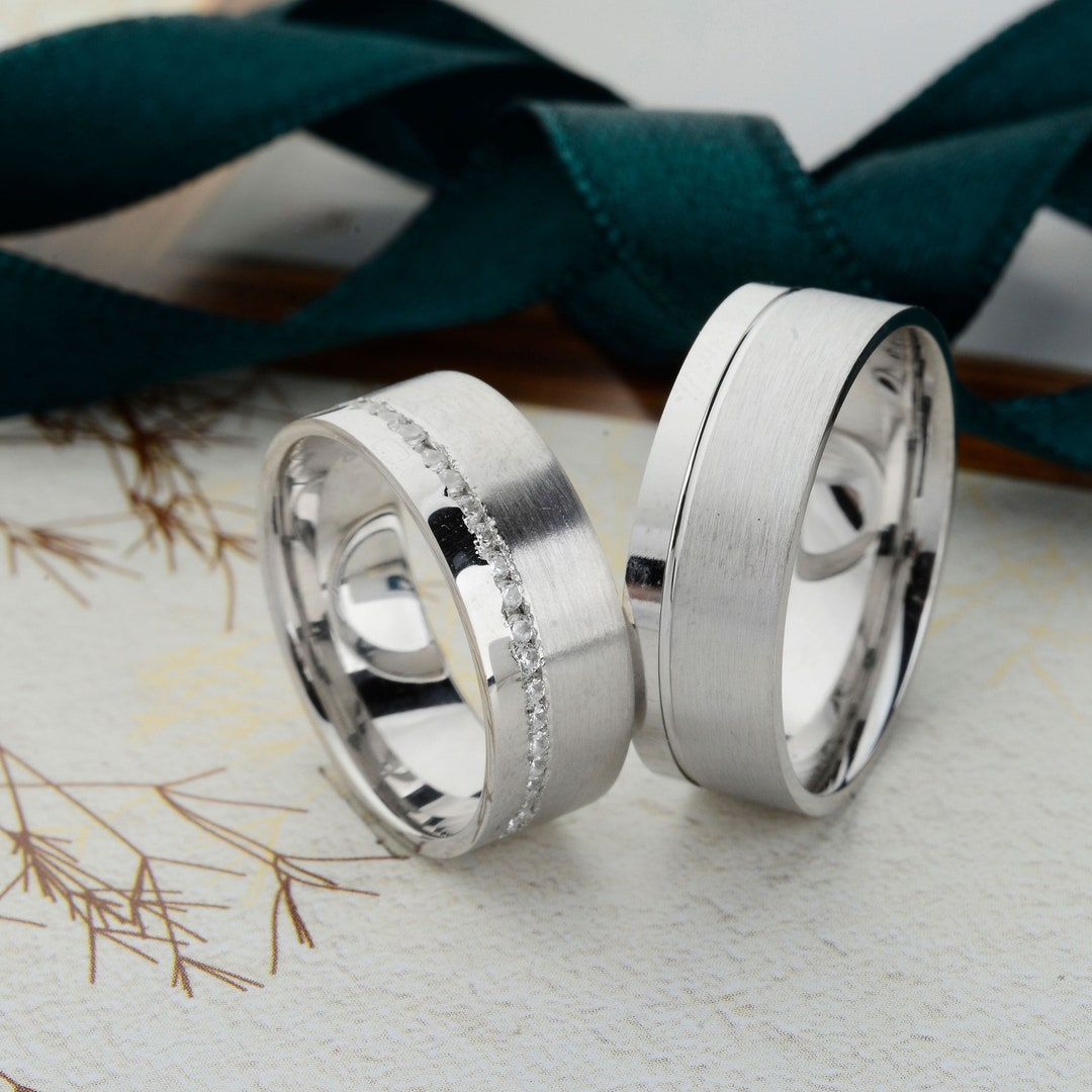 Engagement Ring Set, Silver Wedding Bands, Couple Rings, Rings for