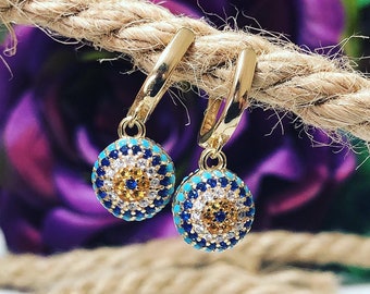 14k Pure Gold Turquoise Earring ,evil Eye Earring for Mom