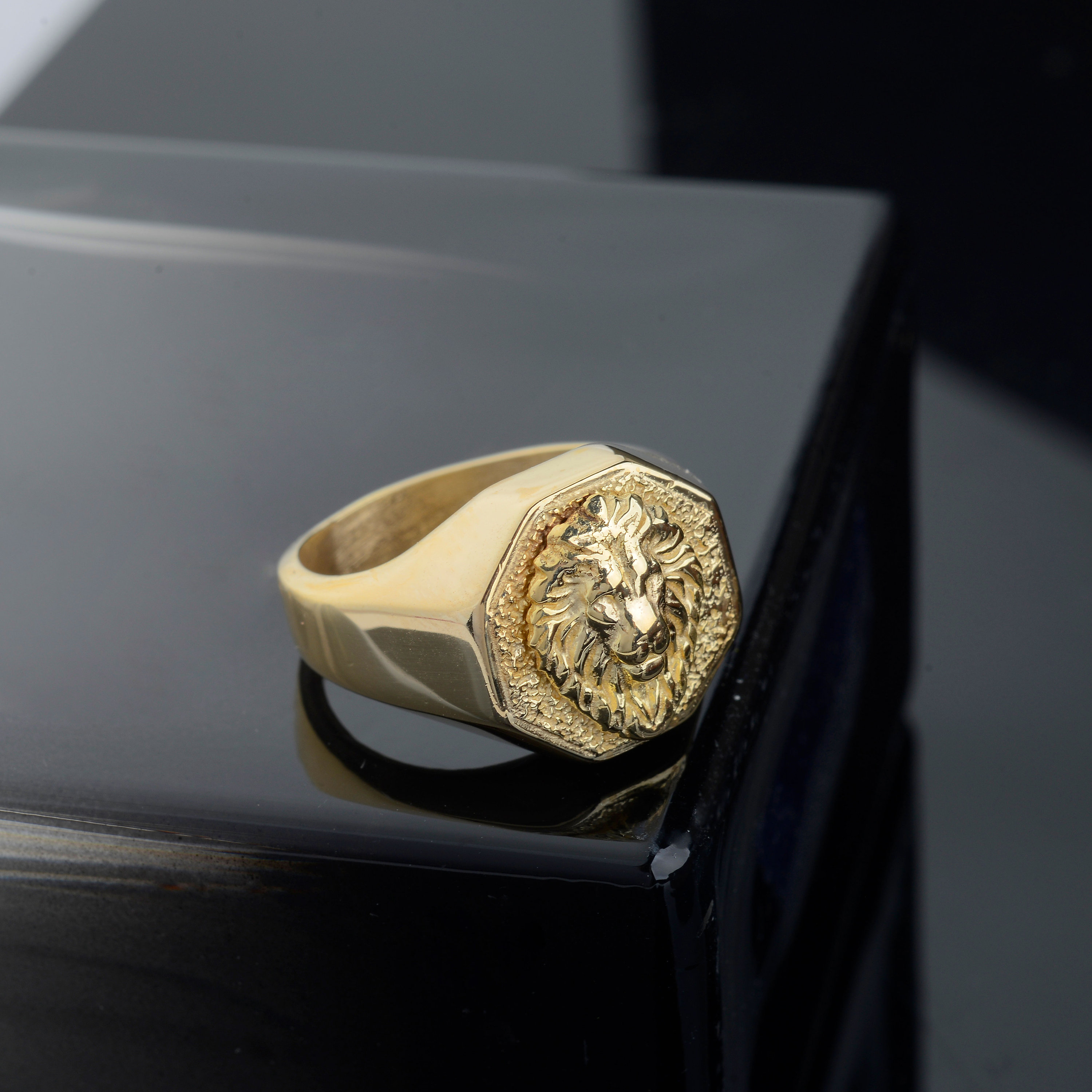 10K Gold Lion Signet Mens Ring, Lion Gold Jewelry, Lion Zodiac