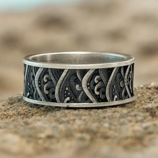 The Great Wave of Kanagawa Ring, Silver Mens Wedding Ring, Japanese Wedding Ring Men, Engagement Ring, Birthday Gift for Him
