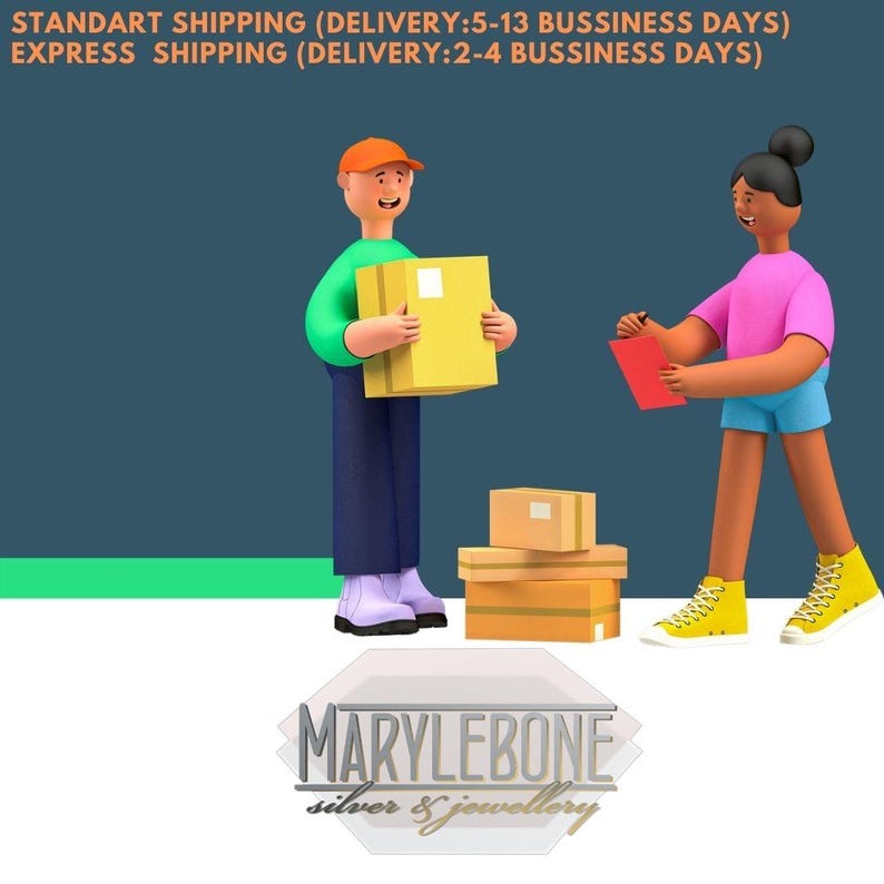 May include: Illustration of two cartoon figures, one holding a yellow package and the other a red notepad. Several cardboard boxes are stacked on the ground. The image includes the text "MARYLEBONE silver & jewellery".