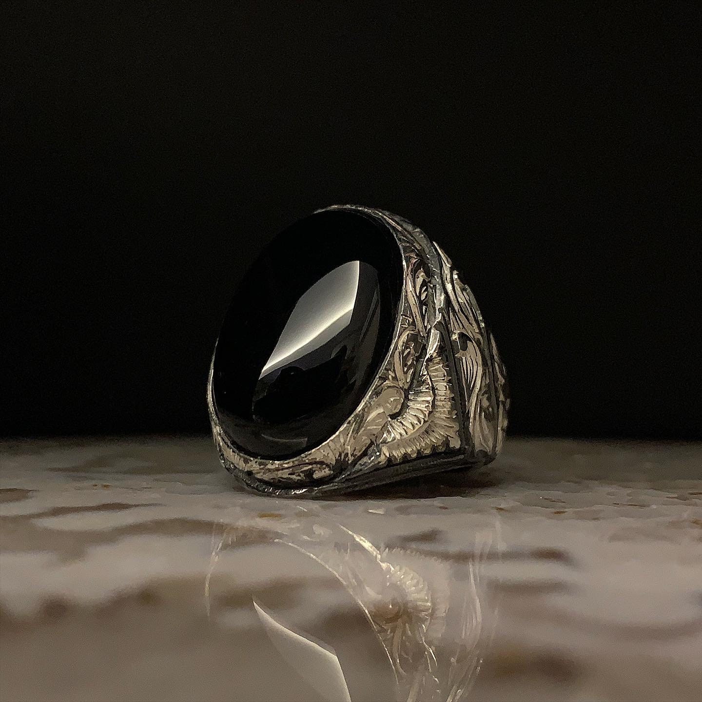 Antique Onyx Ring, Man Black Oval Onyx Ring ,sterlin Silver