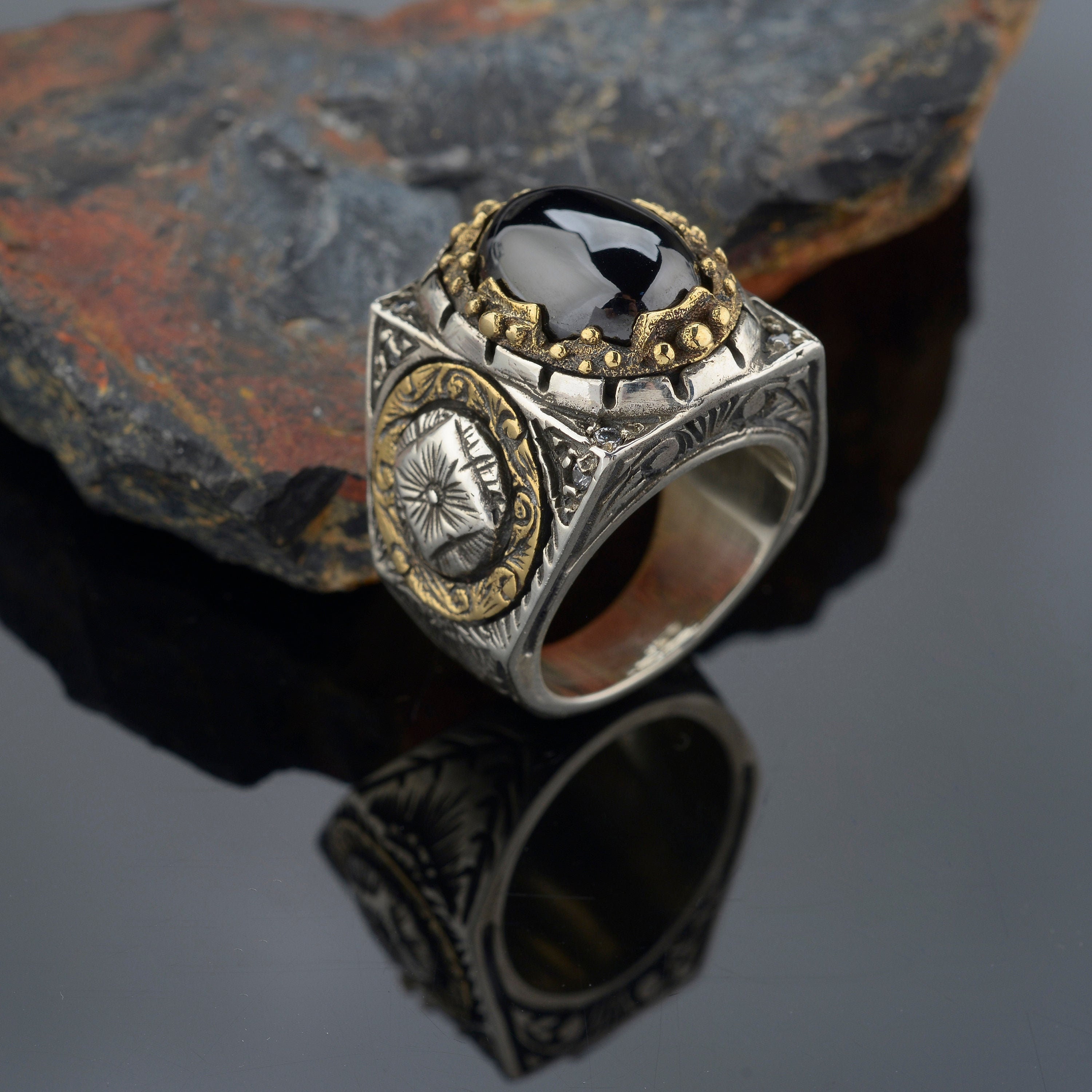 Unique Mens Heavy Ring, Black Onyx Oval Mens Ring ,gemstone
