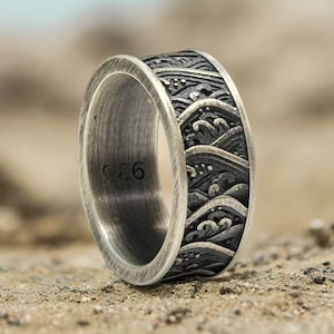 Sterlingzilver The Great Wave of Kanagawa-ring, zilveren herentrouwring, Japanse trouwring heren, verlovingsring, verjaardagscadeau voor hem