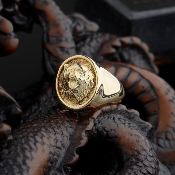 10K Gold Oval Bear Signet Ring: Mens Minimalist Jewelry - Etsy