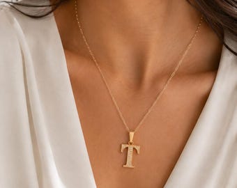 Pave Initial Necklace 14K Gold Plated Letter Necklace Personalized Dainty Zircon Alphabet Pendant