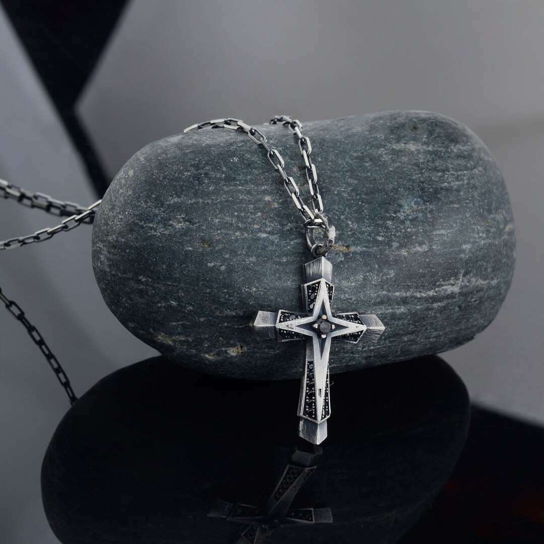 Unique Silver Cross Necklace Men Black Zircon Oxidized Cross Pendant 