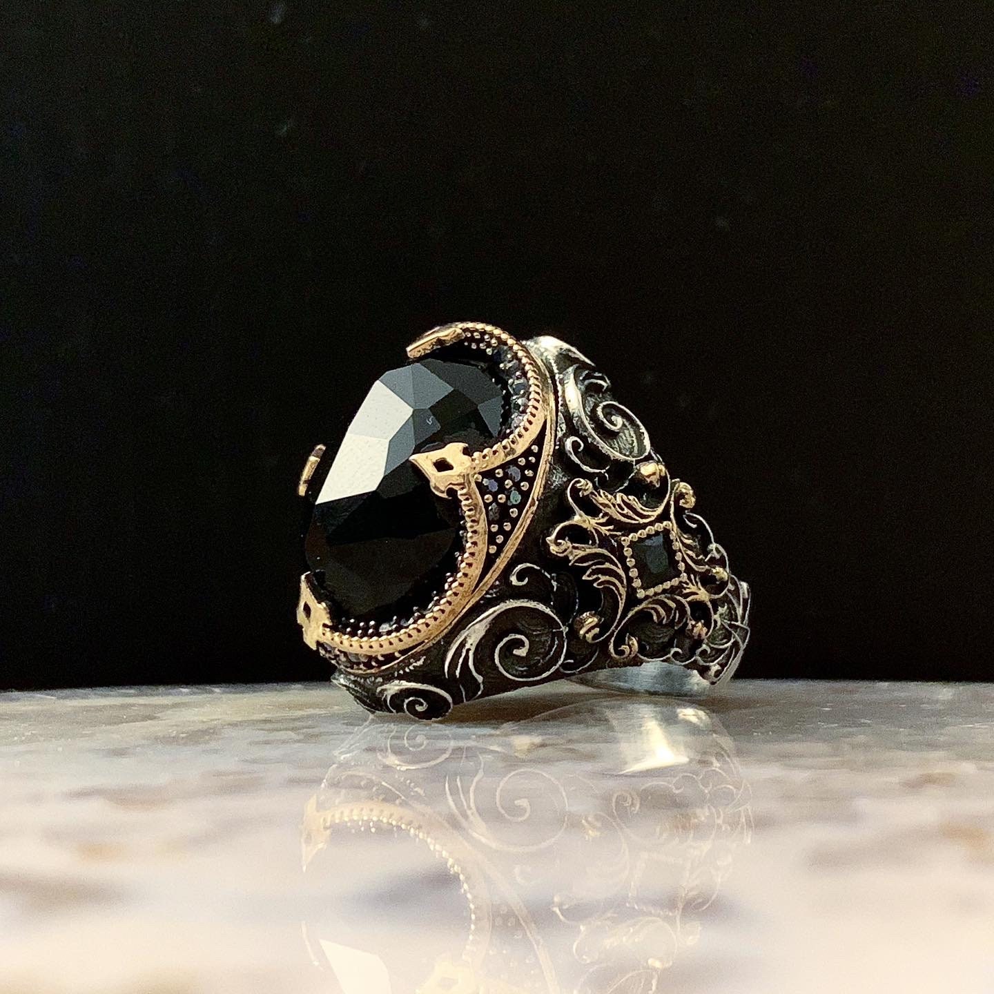 Handmade Sterling Silver Mens Ring: Black Zircon Gemstone