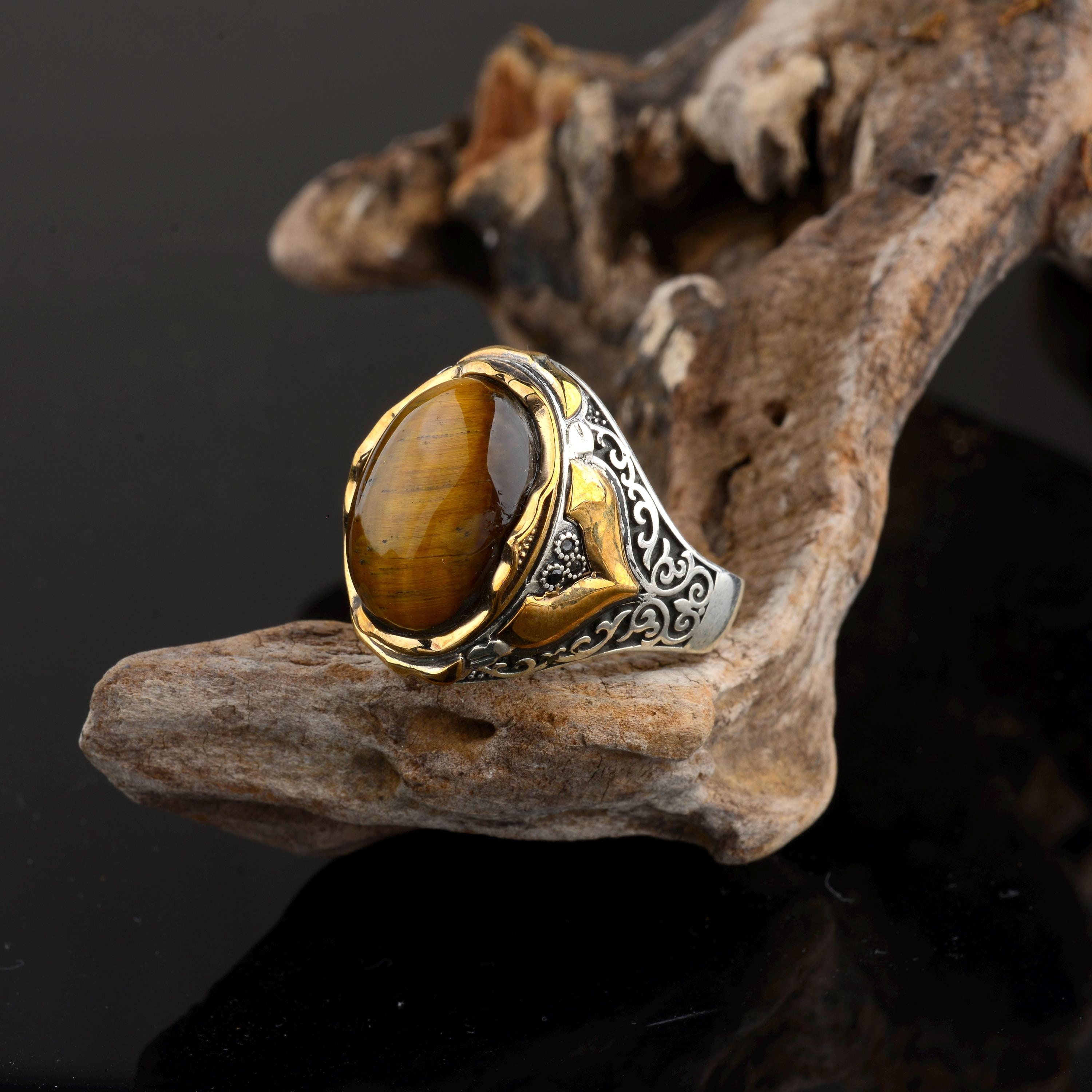 Anello Da Uomo Con Occhi Di Tigre Naturali, Anello In Argento - Foto 4