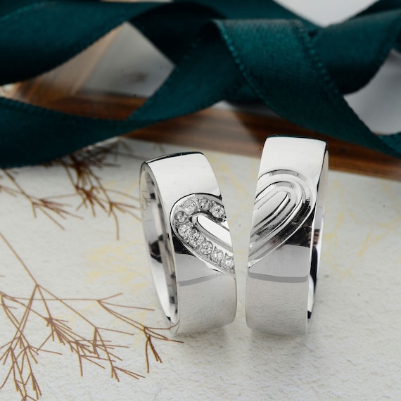 Engravable Day And Night Rhombic Matching Couple Promise Rings In Sterling  Silver