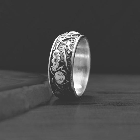 Oxidized Lotus Flower Band Ring, Japanese Kanji Ornamental Wedding