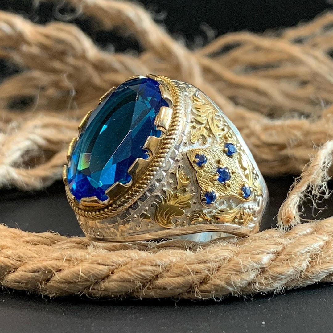Anillo para hombre con piedra preciosa de topacio azul, anillo
