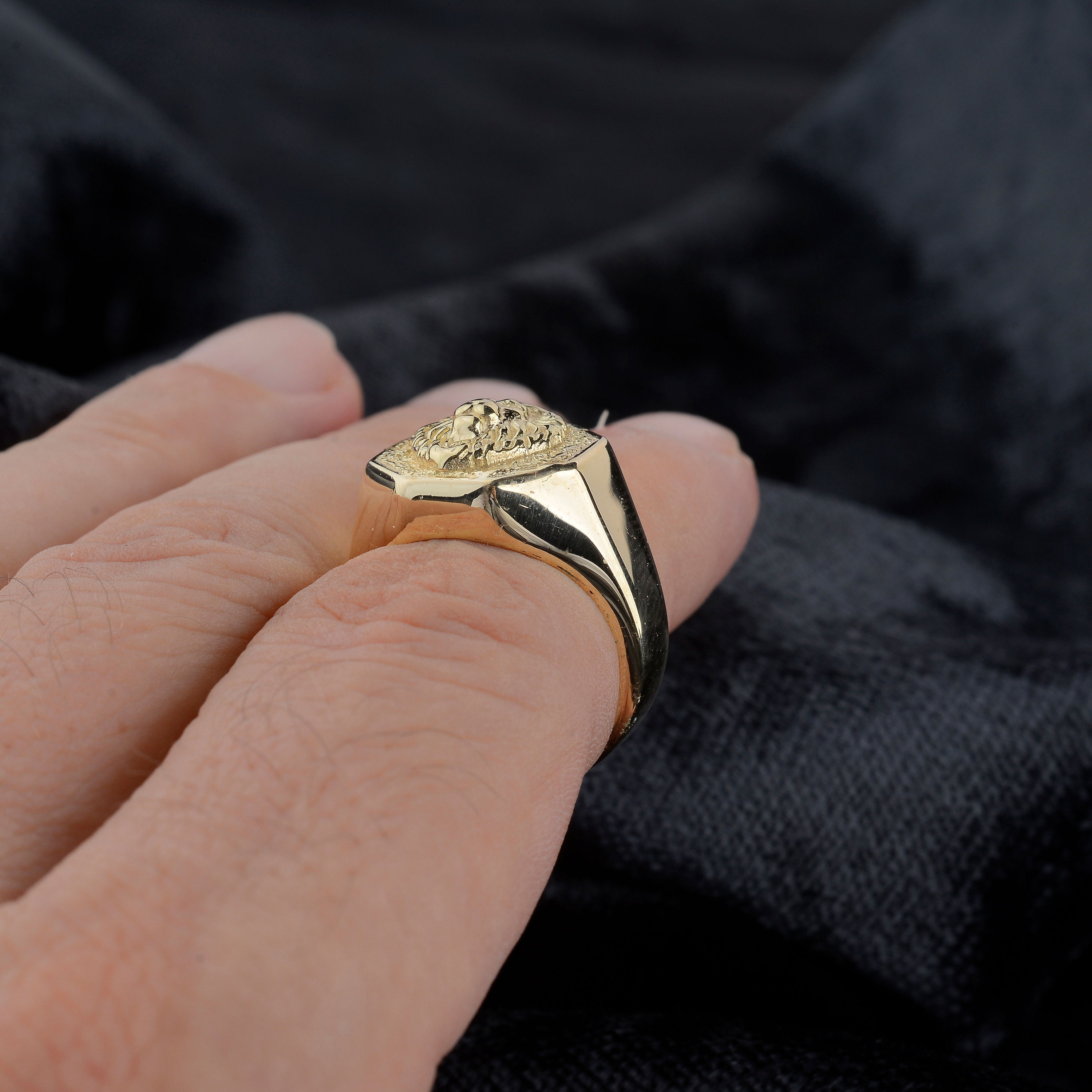 10K Gold Lion Signet Mens Ring, Lion Gold Jewelry, Lion Zodiac